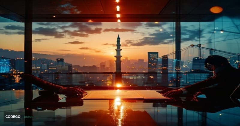 A dramatic cinematic editorial photograph shot at the intersection of Istanbul's financial district and its iconic skyline, w