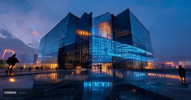A cinematic editorial photograph of a towering modern corporate headquarters in Hangzhou, China, at dusk, with the warm amber