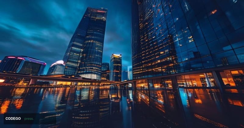 A dramatic cinematic editorial photograph taken at ground level looking up at a gleaming modern skyscraper in Singapore's cen