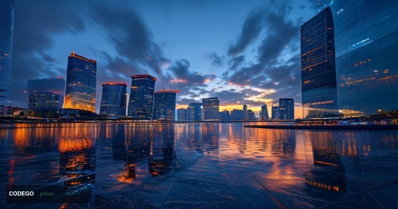 Photorealistic editorial photograph of the Singapore financial district skyline at dusk, shot from a low angle looking upward