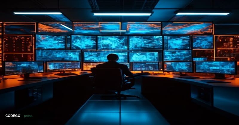A cinematic editorial photograph set inside a dramatically lit cybersecurity operations center with multiple large curved mon