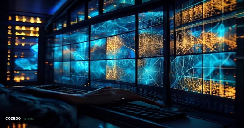 A dramatic editorial photograph set inside a high-security cryptographic research facility, dominated by large curved monitor