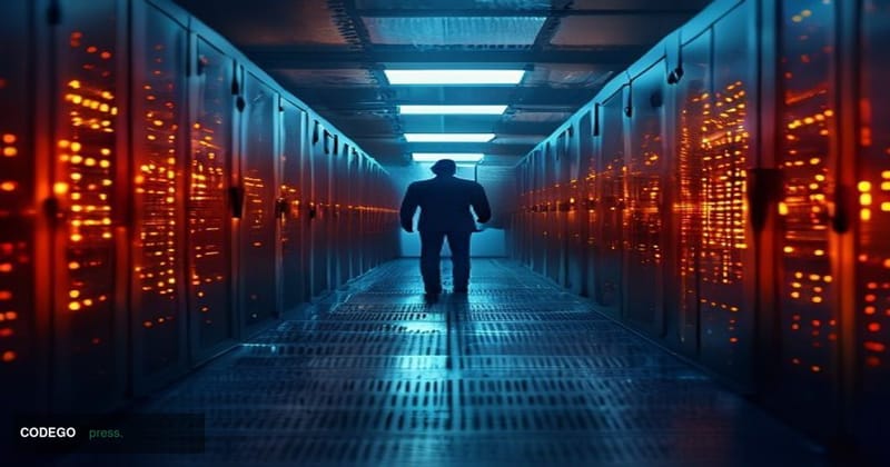 A cinematic editorial photograph set inside a high-security data center corridor, with rows of illuminated server racks stret