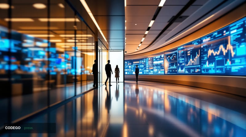 A dramatic split-composition editorial photograph set in a sleek Silicon Valley corporate corridor. On the left side, a blurr