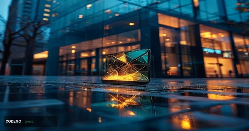 A cinematic editorial photograph set outside Apple's iconic glass-cube retail flagship on Fifth Avenue, New York City, at dus