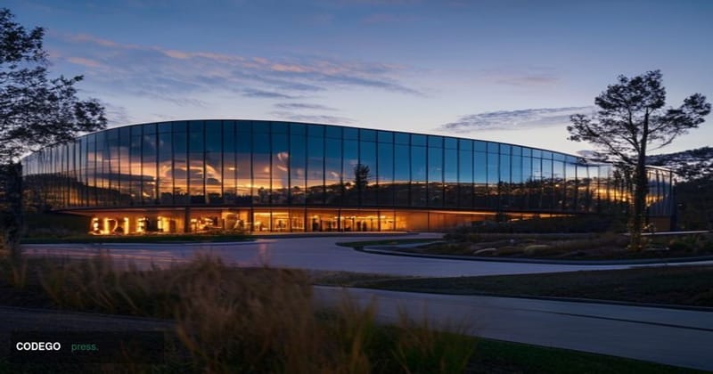 A dramatic low-angle cinematic shot of Apple's iconic circular spaceship headquarters — Apple Park in Cupertino, California —