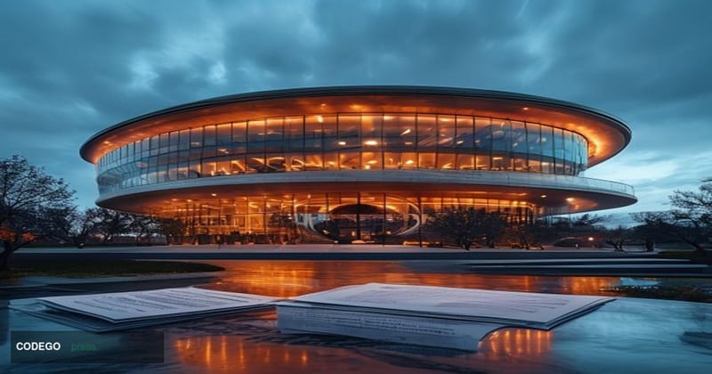 A cinematic editorial photograph taken from a low angle looking up at Apple's iconic circular spaceship campus in Cupertino, 