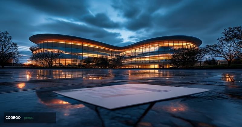 A cinematic editorial photograph taken at ground level looking up at Apple's iconic circular spaceship campus in Cupertino, C