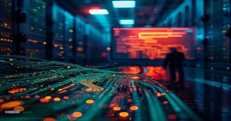 A cinematic editorial photograph set in a dimly lit, high-security server room environment representing the Aptos blockchain 