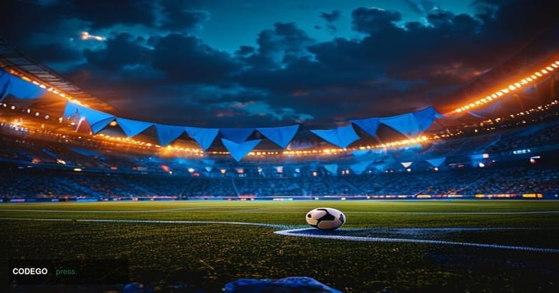 A cinematic editorial photograph shot at ground level inside a packed stadium glowing with blue-and-white Argentine flags ill