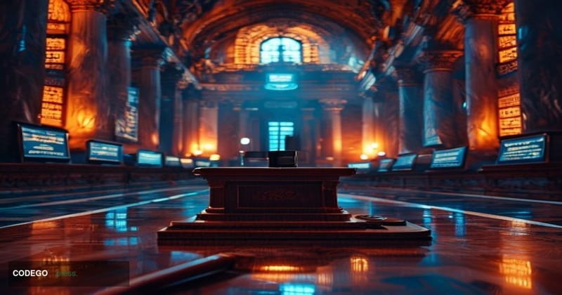 A cinematic editorial photograph set inside a grand Argentine federal courthouse interior, with ornate colonial-era marble co