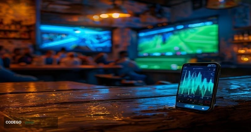 A cinematic editorial photograph set inside a Buenos Aires sports bar at night, with Argentina's sky-blue and white national 