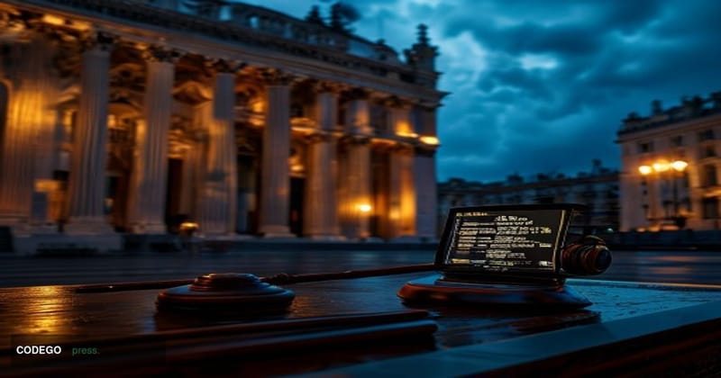 A dramatic cinematic editorial photograph set in Buenos Aires, Argentina, with the iconic Palacio de Justicia courthouse faca