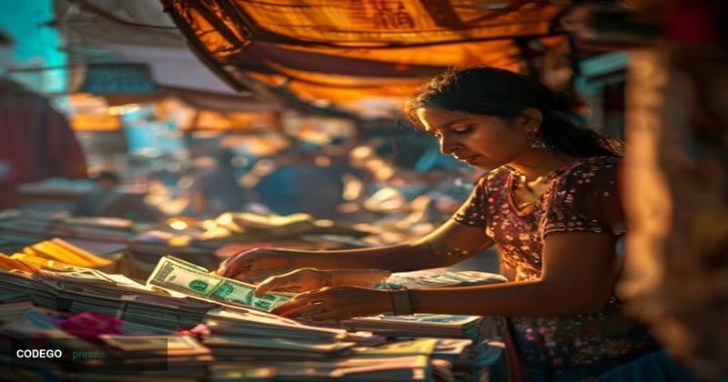 A cinematic editorial photograph shot at ground level in a bustling Indian marketplace, with a South Asian woman entrepreneur