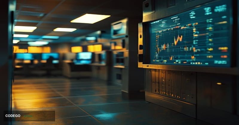 A photorealistic editorial photograph depicting a shuttered digital exchange environment: a darkened trading terminal screen 