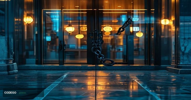 A dramatic cinematic editorial photograph of a shuttered cryptocurrency exchange office entrance at dusk, heavy security chai