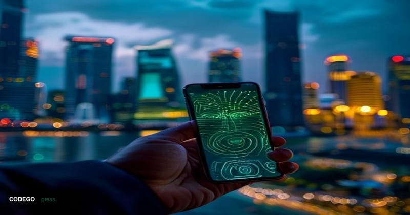 A cinematic editorial photograph set in a modern Southeast Asian financial district at dusk, with the glowing towers of Singa