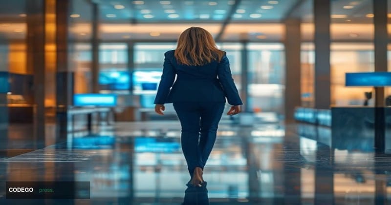A polished executive woman in a sharp navy business suit seen from behind walking confidently through the glass-and-steel lob