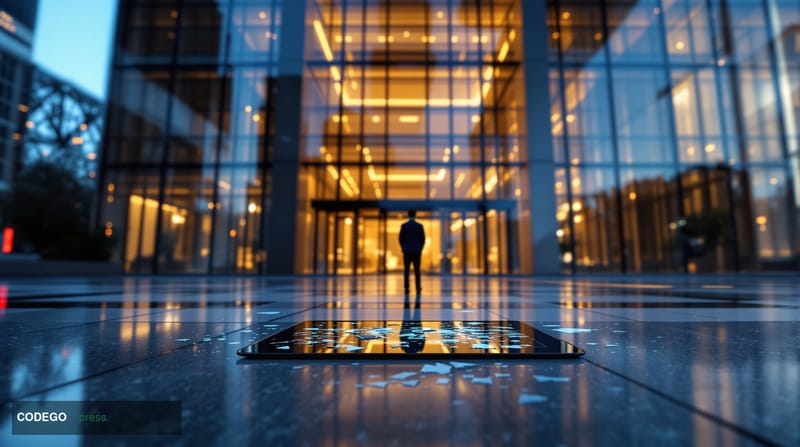 A dramatic low-angle wide shot of the Australian Securities Exchange headquarters building in Sydney, with the iconic Sydney 