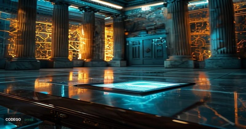 A cinematic editorial photograph set inside a monumental, high-ceilinged banking hall with classical stone columns and marble