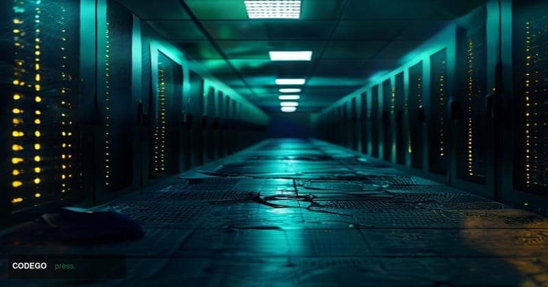 A cinematic editorial photograph capturing a dimly lit server room corridor with a single row of dark, powered-down server ra
