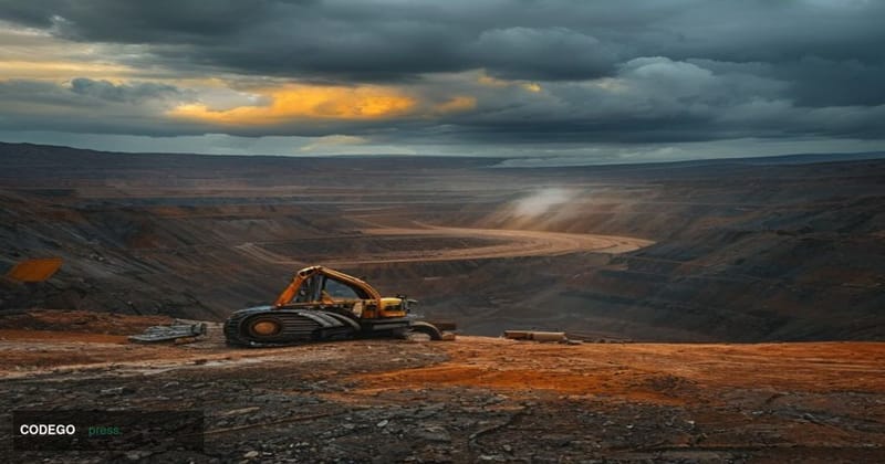 A cinematic editorial photograph of a vast open-cut iron ore mine in Western Australia's Pilbara region at dusk, with massive