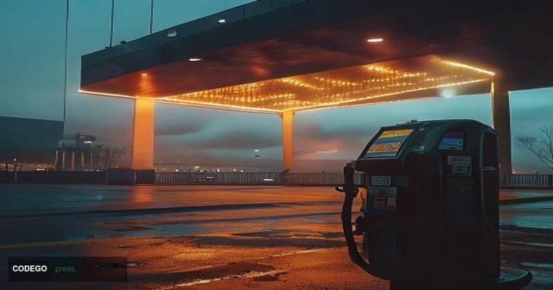 A photorealistic cinematic editorial photograph taken at a busy Australian petrol station forecourt, shot from a low angle lo