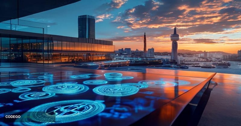 A cinematic editorial photograph set at the intersection of automotive industry and blockchain finance, featuring a sleek mod