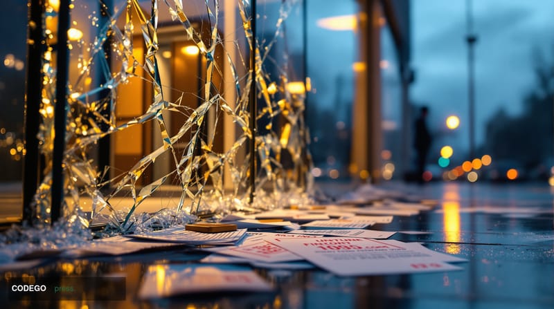 A cinematic editorial photograph depicting a shattered corporate glass facade with the word "AVAX" faintly visible on cracked