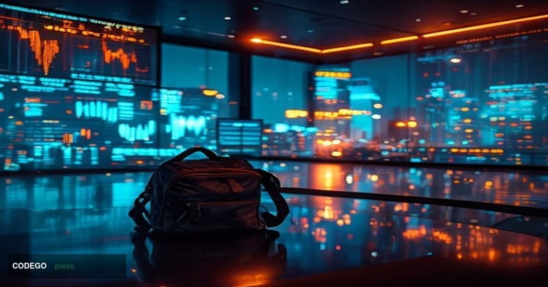 A dramatic cinematic editorial photograph set in a sleek, modern trading environment that never sleeps — a wide-angle shot of