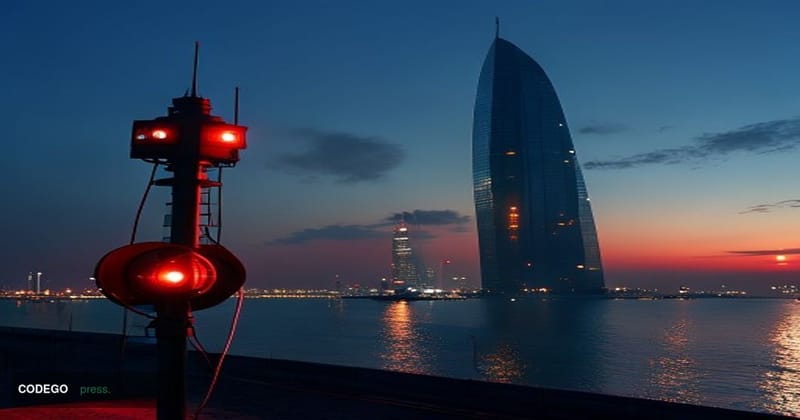A dramatic cinematic editorial photograph taken at dusk over the Bahrain Financial Harbour twin towers in Manama, their glass