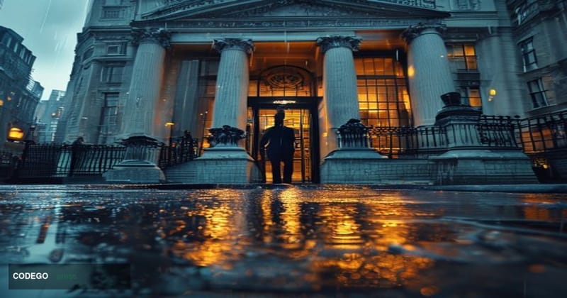 A photorealistic editorial photograph centered on the neoclassical stone facade of the Bank of England's Threadneedle Street 
