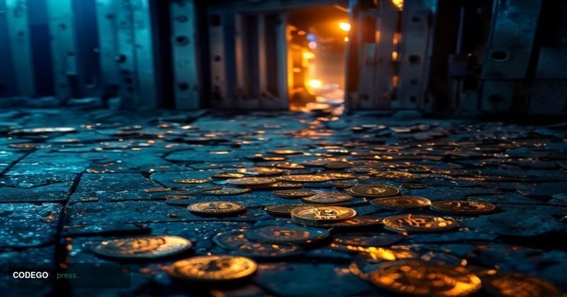 A cinematic editorial photograph depicting a shattered digital vault door lying on a cold stone floor, with scattered golden 