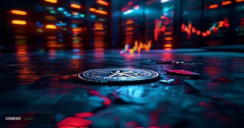 A cinematic editorial photograph set on a dark digital trading floor environment, with a large holographic price chart showin