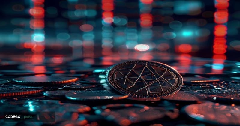 A cinematic photorealistic editorial photograph depicting a shattered cryptocurrency token symbol — resembling a broken metal