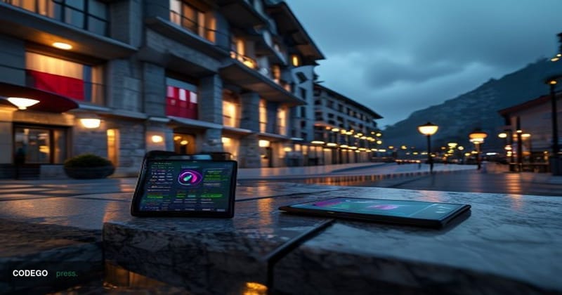 A photorealistic editorial photograph set in Lugano, Switzerland, showing the exterior of a modern Swiss cantonal bank buildi