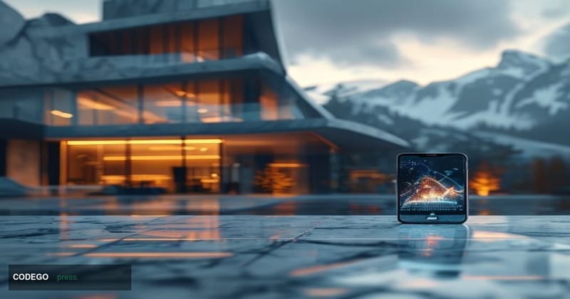 A photorealistic cinematic editorial photograph set in the Swiss Alps foothills, with a sleek modern cantonal bank branch ext
