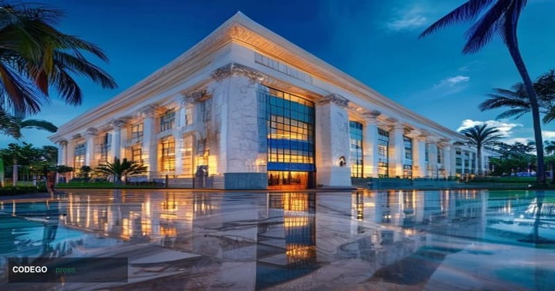 A cinematic editorial photograph of a grand Caribbean banking headquarters exterior, architecturally consistent with a major 