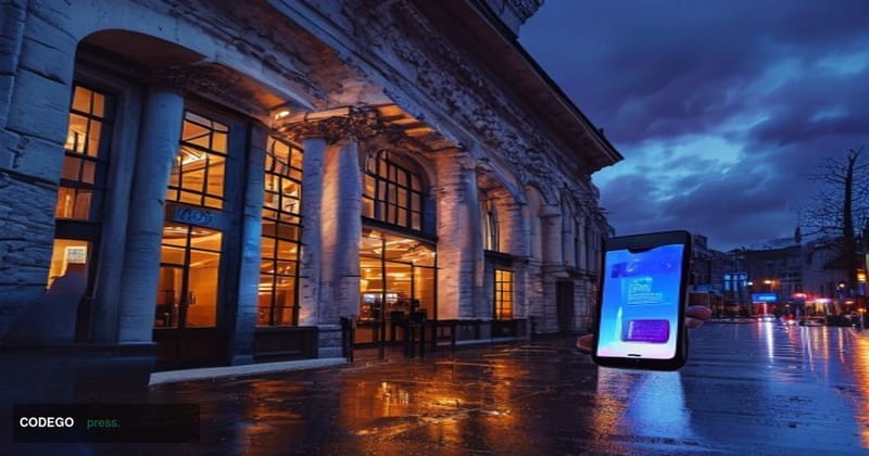 A photorealistic editorial photograph of a traditional high-street bank branch exterior at dusk, its warm amber interior ligh