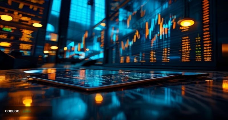 A dramatic cinematic editorial photograph set inside a sleek financial trading floor, viewed from a low angle looking up towa