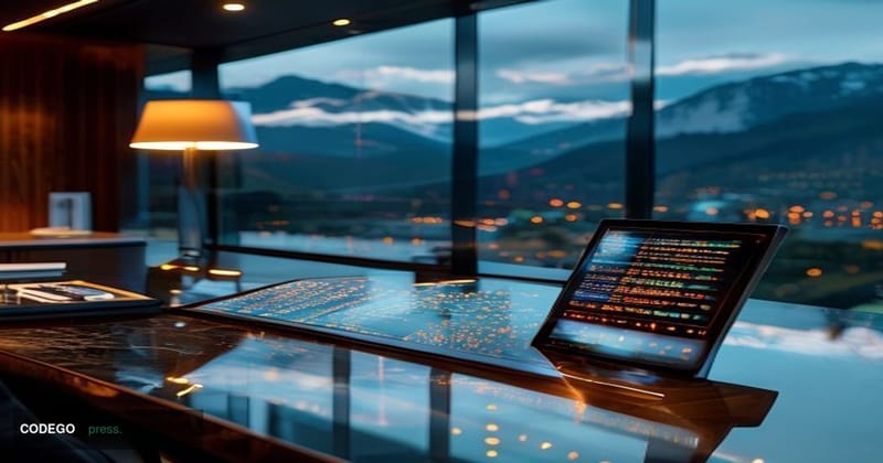 A cinematic editorial photograph of a sleek modern private banking office interior in Liechtenstein, with floor-to-ceiling gl