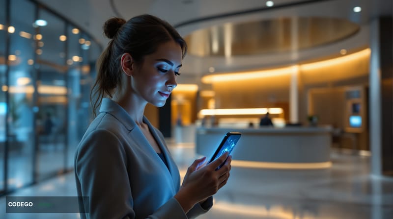 A photorealistic cinematic editorial photograph set inside a sleek, modern Bank of America branch in Charlotte, North Carolin