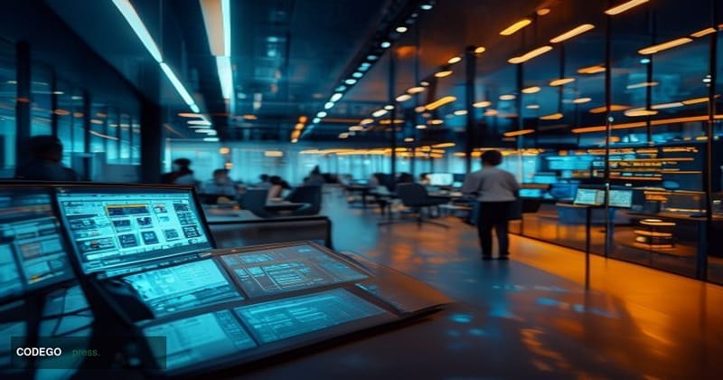 A photorealistic editorial photograph set inside a sleek Bank of America customer service operations center, with rows of rep