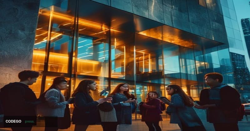 A cinematic editorial photograph set outside a Bank of America flagship branch in a modern urban environment, shot at golden 