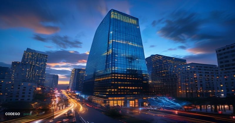 A photorealistic editorial photograph of Bank of America's iconic corporate headquarters tower in Charlotte, North Carolina, 
