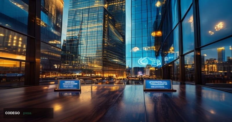 A dramatic cinematic editorial photograph set at the exterior of the Bank of America corporate headquarters tower in Charlott