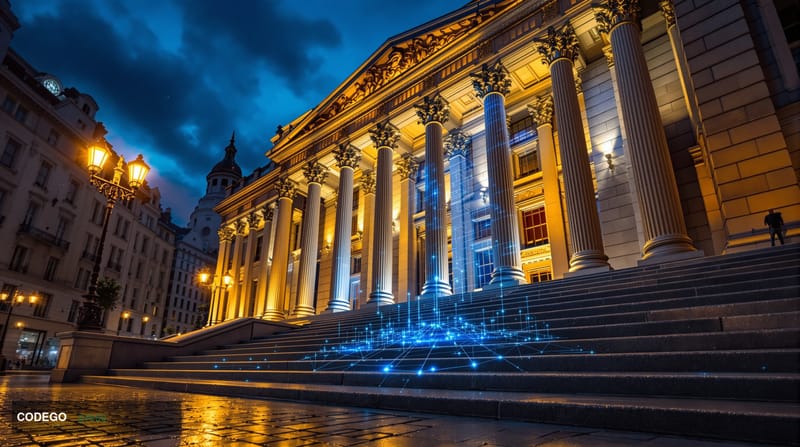 A photorealistic cinematic editorial photograph of the Bank of England's iconic neoclassical Threadneedle Street headquarters