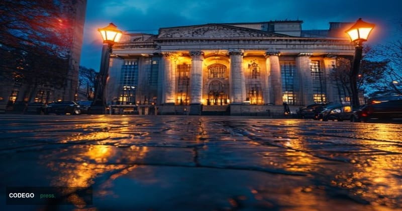 A photorealistic cinematic editorial photograph of the Bank of England's iconic neoclassical Threadneedle Street headquarters