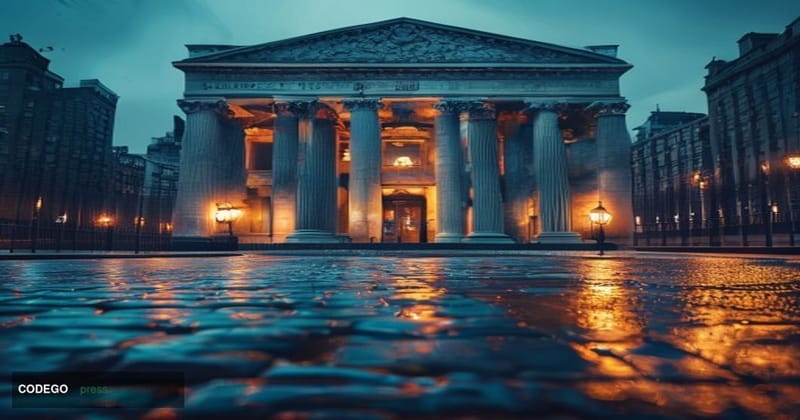 A photorealistic cinematic editorial photograph of the Bank of England's iconic neoclassical stone facade on Threadneedle Str