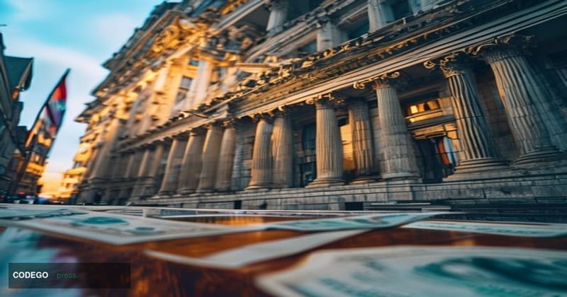 A cinematic editorial photograph of the Bank of England's iconic neoclassical headquarters on Threadneedle Street in the City